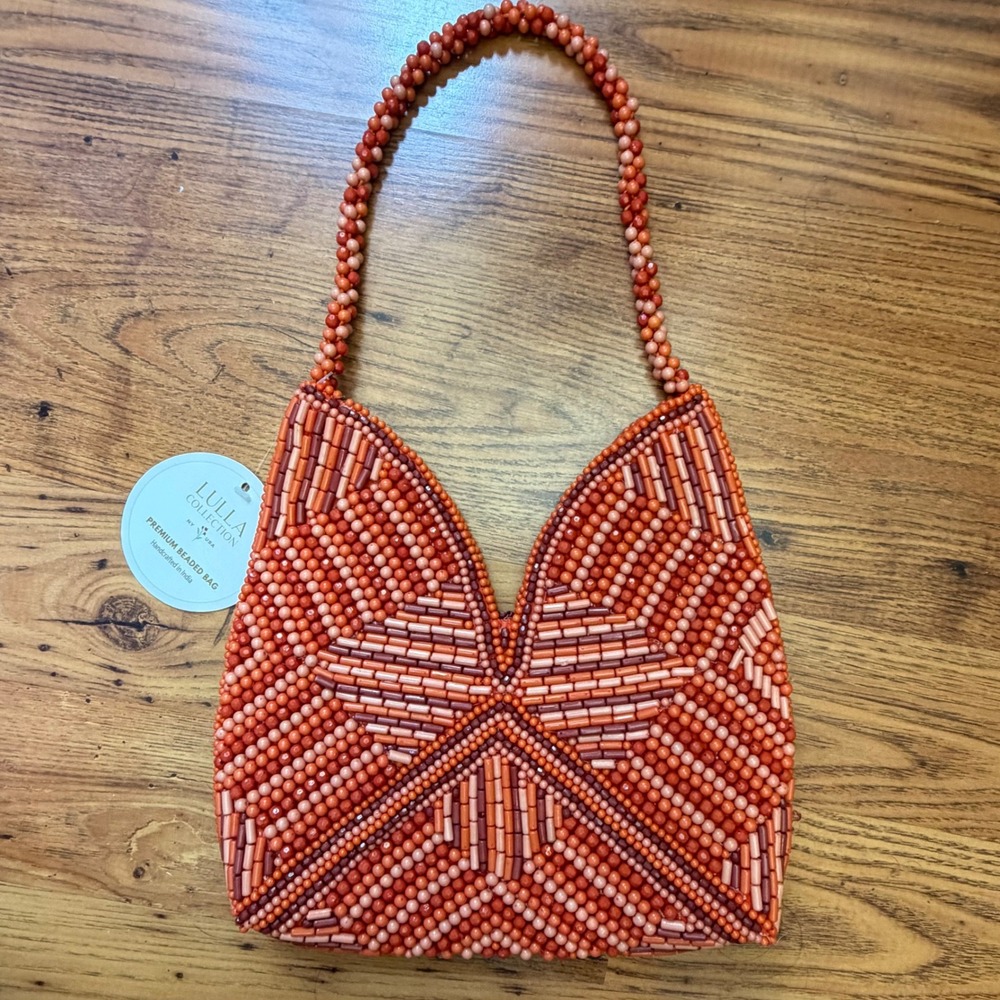 Lulla Collection Beaded Shoulder Bag Orange Coral Geometric Handcrafted NWT